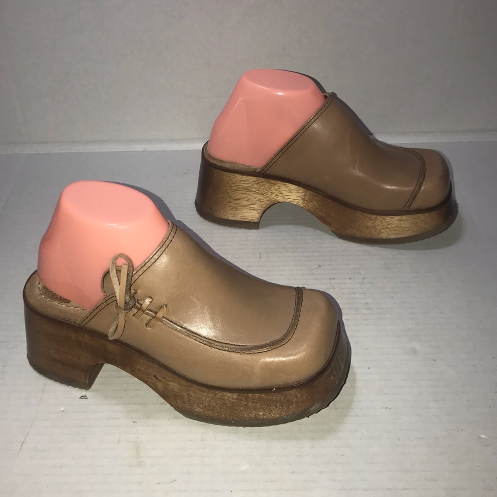 Vtg 90s Y2K CANDIES Wood Chunky Platform Clog Mules Leather Lace Tie Boho Sz 7